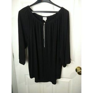 Chicos Black Wide Shoulder 1/4 Zip Front 3/4 Sleeve Blouse Size 3/L